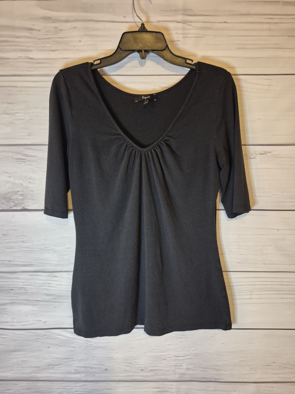 Express Black V-Neck Short Sleeve Gathered Front Top